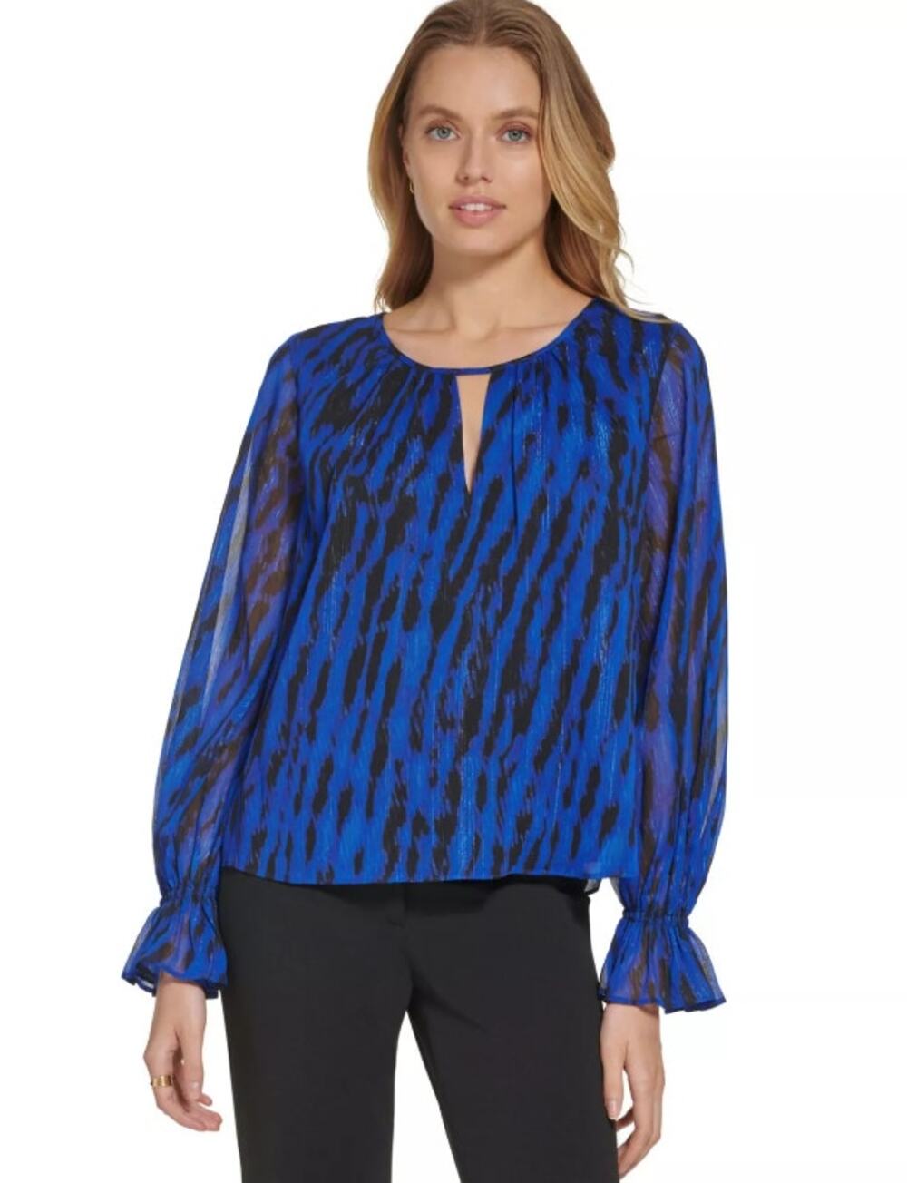 DKNY Womens Metallic Ruffle Blouse XS Deep Cobalt Blue Print Split Neck NWT